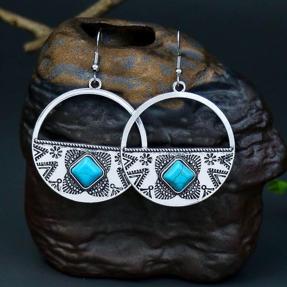Silver Turquoise Gem Round Boho Drop Earrings